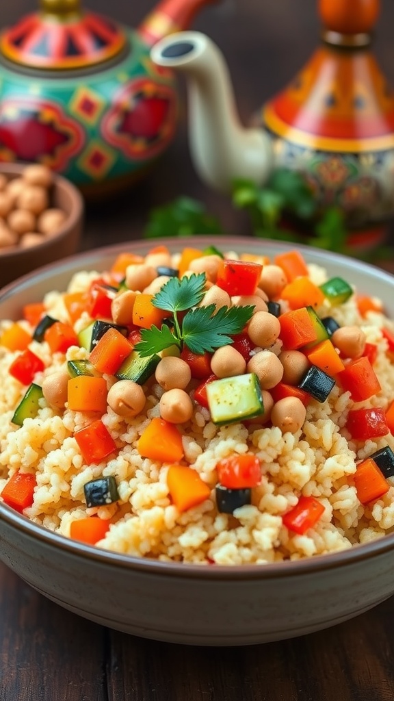 A vibrant bowl of Moroccan vegetable couscous topped with colorful vegetables and chickpeas, garnished with parsley, on a rustic table.